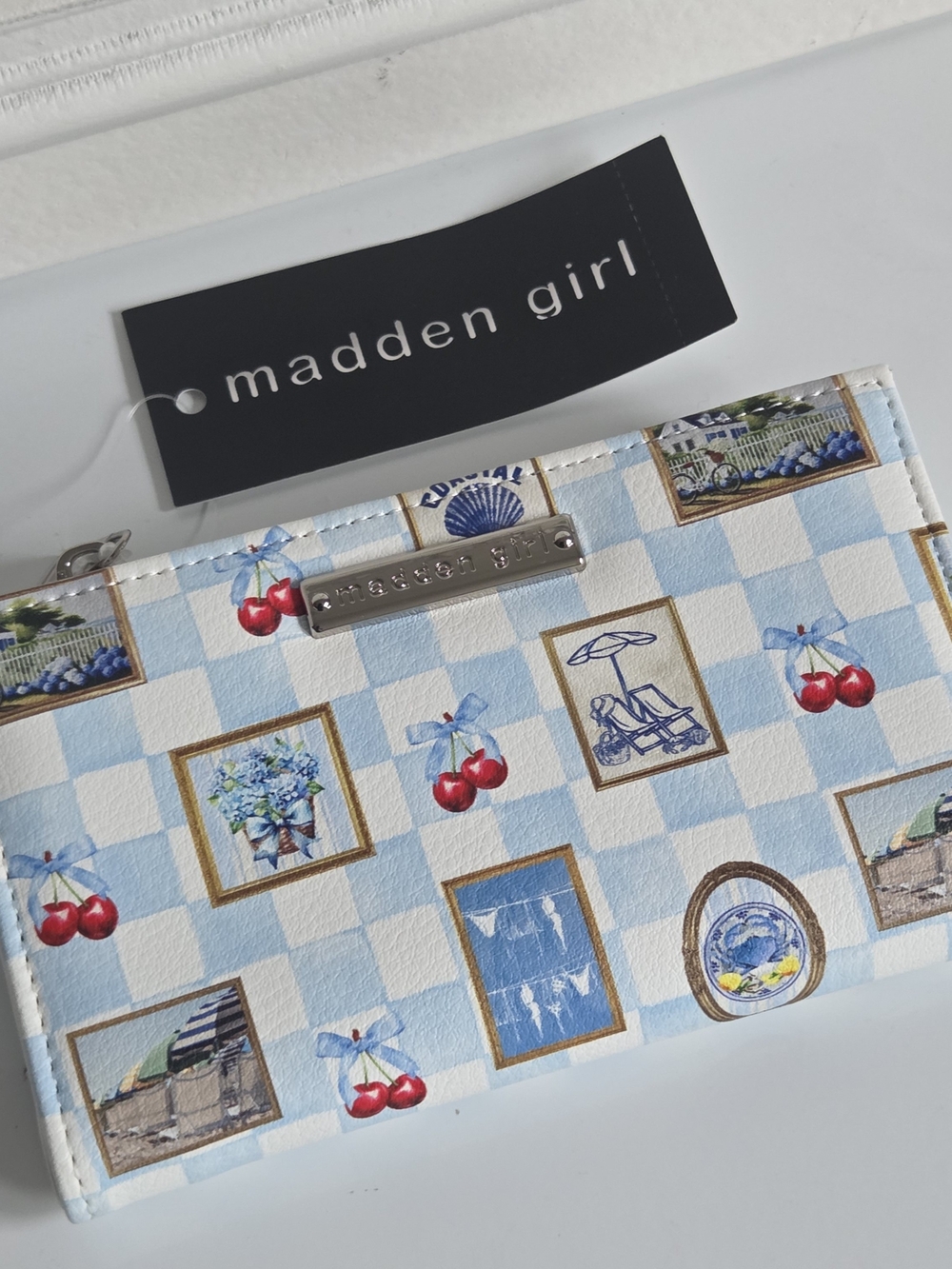 Steve Madden Light Blue & White Checker Cherry Zip Wallet